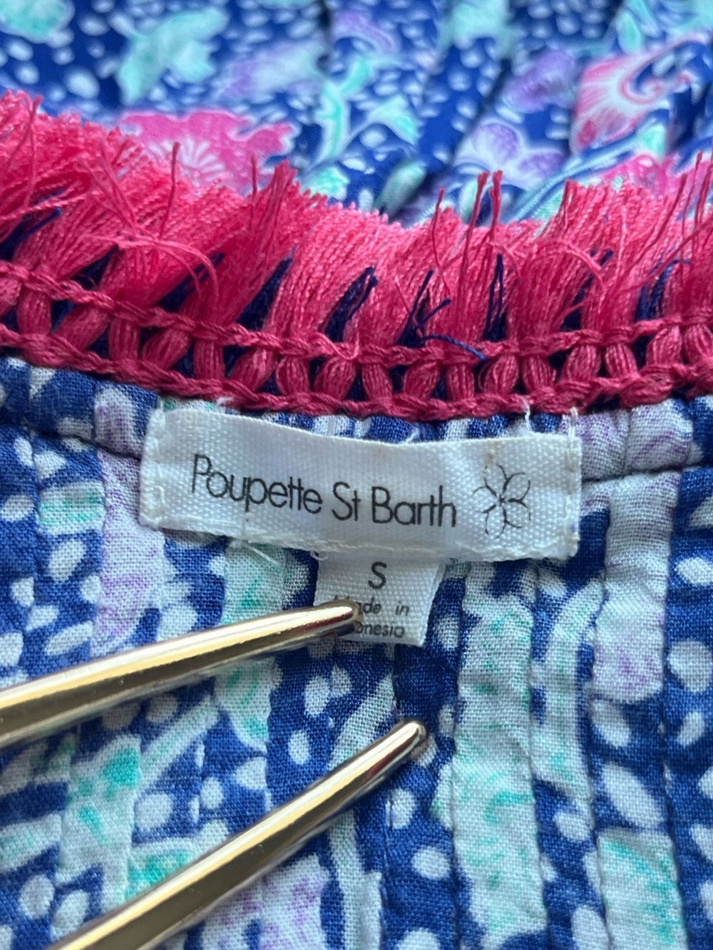 Poupette St Barth Blue Pink Print Tunic Dress Fringe V Neck Cover Up Size S - Picture 9 of 10